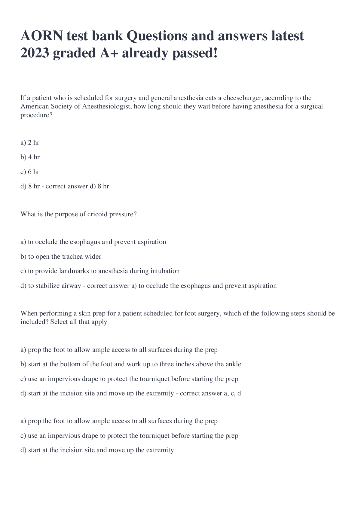Preview image for AORN test bank Questions and answers latest 2023 graded A+ already passed!